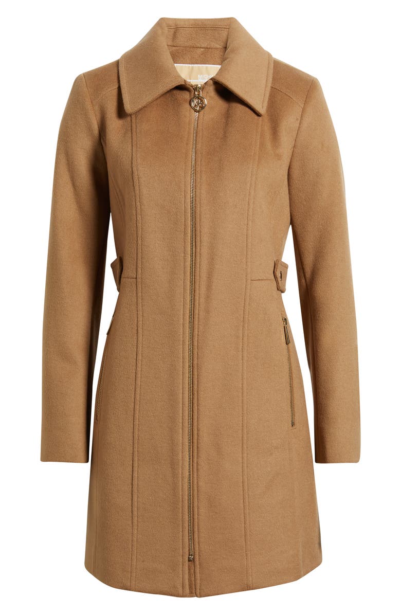 Michael Kors Front Zip Wool Blend Coat, Alternate, color, Dark Camel