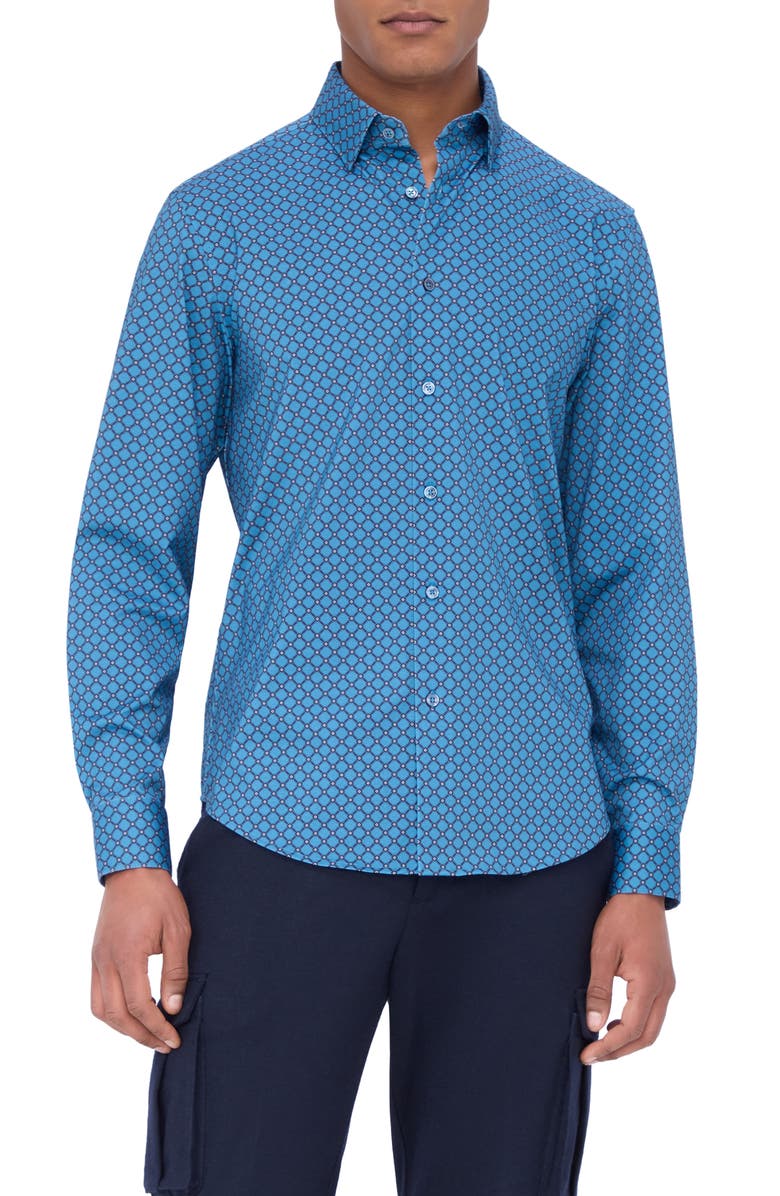 Bugatchi Jules OoohCotton<sup>®</sup> Diagonal Check Button-Up Shirt, Main, color, Night Blue