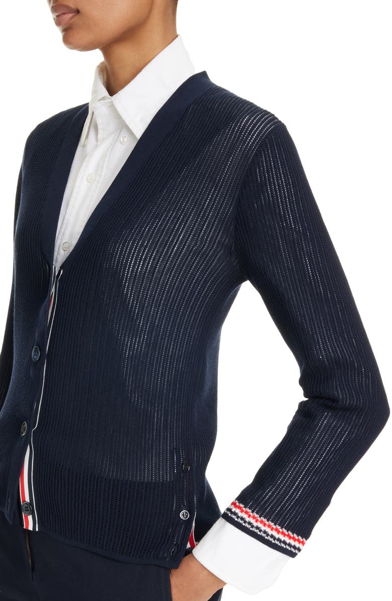 Thom Browne RWB Stripe Trim Cotton Cardigan, Alternate, color, 