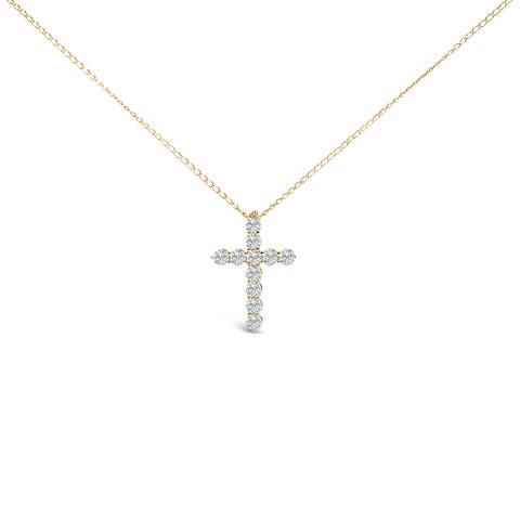 14K Gold 1/2 Cttw Lab Grown Diamond 11 Stone Cross Pendant Necklace