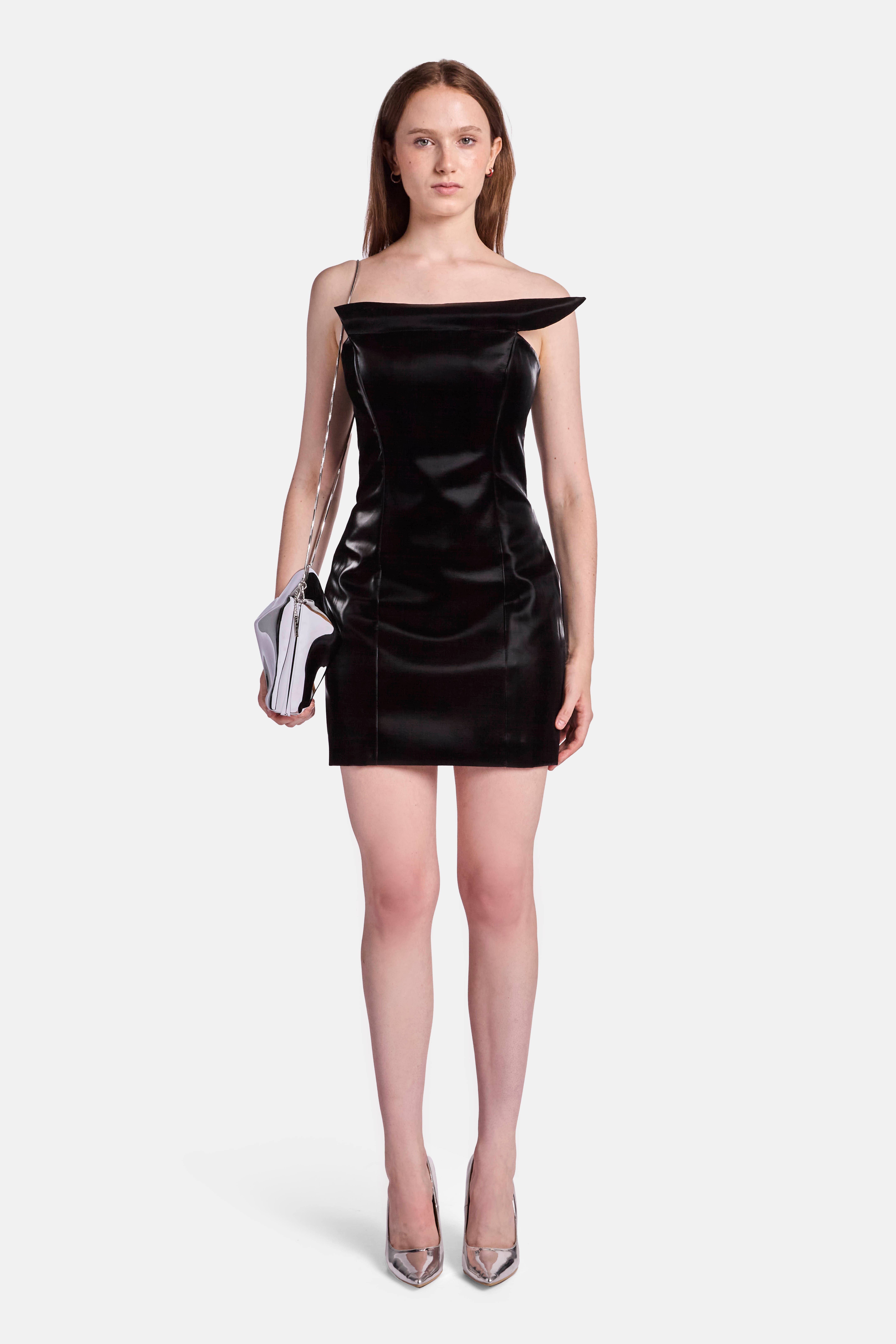 KATE BARTON Molded Vinyl Mini Dress in Black 