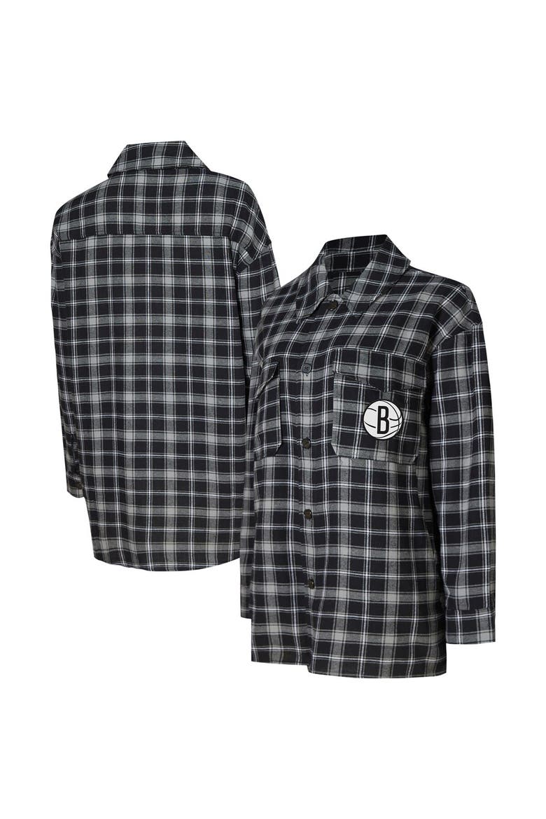 Women's College Concepts Black/Gray Brooklyn Nets Boyfriend Button-Up Nightshirt, Main, color, Black