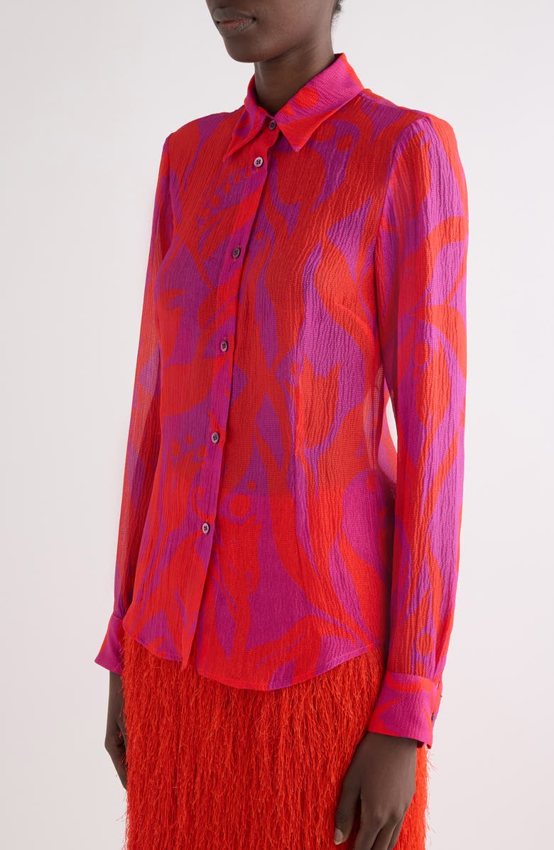Dries Van Noten Tropical Tulip Print Silk Button-Up Shirt, Alternate, color, Fuchsia