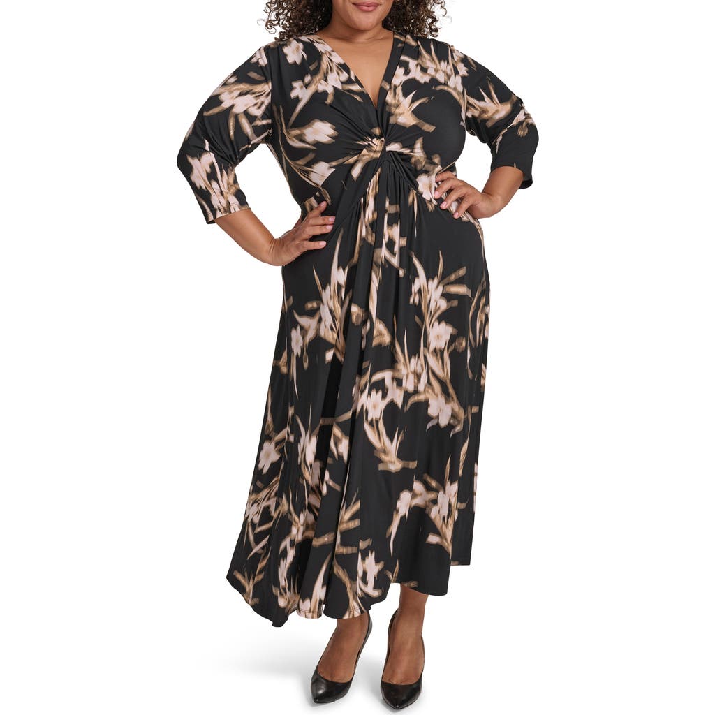 CALVIN KLEIN CALVIN KLEIN FLORAL THREE-QUARTER SLEEVE MAXI DRESS