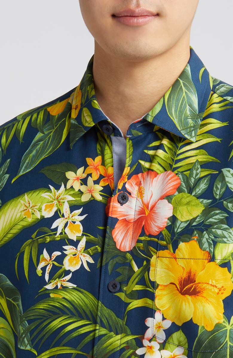 Tommy Bahama Midnight Hibiscus Short Sleeve Silk Button-Up Shirt, Alternate, color,