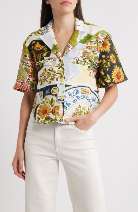 Latin Trip Scarves Crop Linen Button-Up Shirt