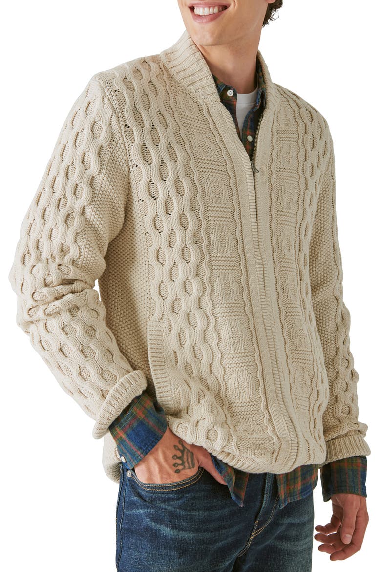 Cable Stitch Cotton Blend Zip-Up Cardigan, Alternate, color, CREAM