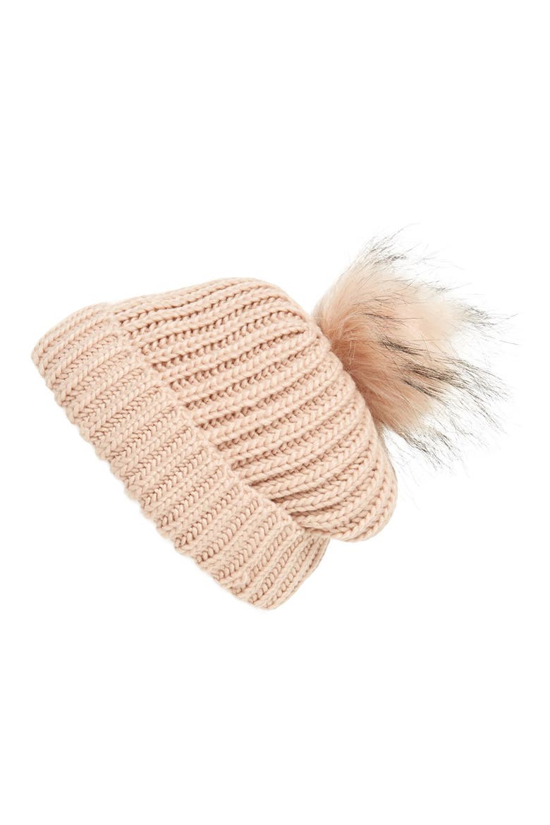 Tipped Faux Fur Pom Beanie, Main, color, NUDE