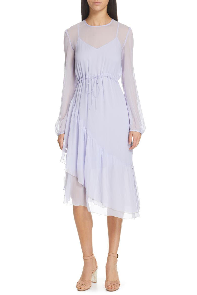 Asymmetrical Silk Midi Dress, Main, color, SOFTY LILAC