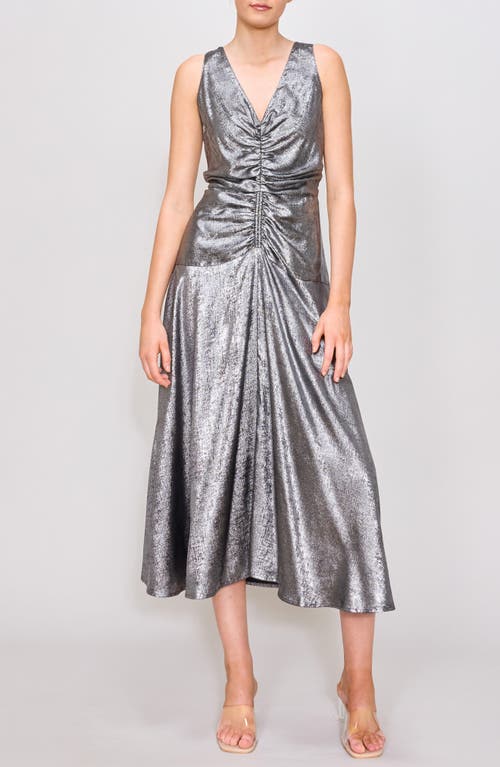 MELLODAY Metallic Ruched Front Sleeveless Midi Dress in Silver 