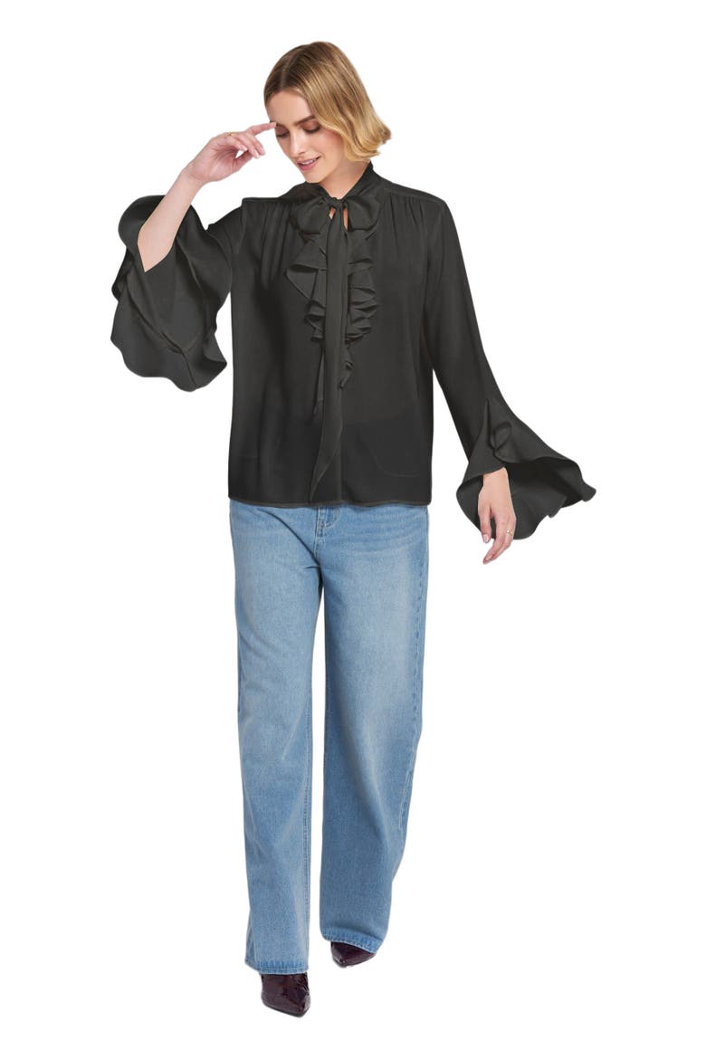 Flounce-Trimmed Tie-Neck Blouse Top, Main, color, Black
