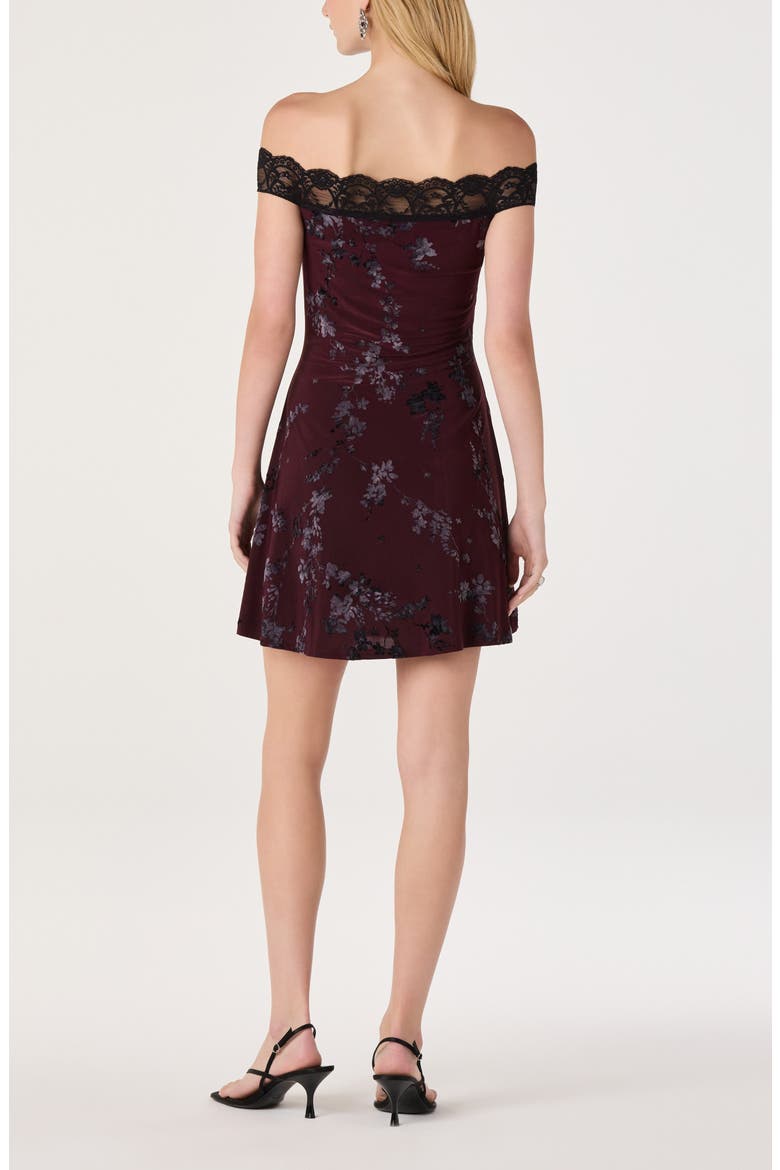 Heloise Floral Lace Trim Off the Shoulder Minidress, Alternate, color, WINE BLACK FLORAL