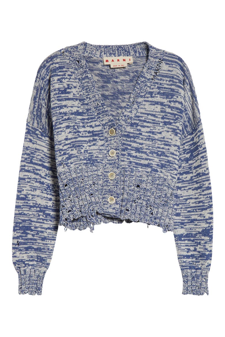 Dishevelled Crop Cotton V-Neck Cardigan, Alternate, color, ORION BLUE