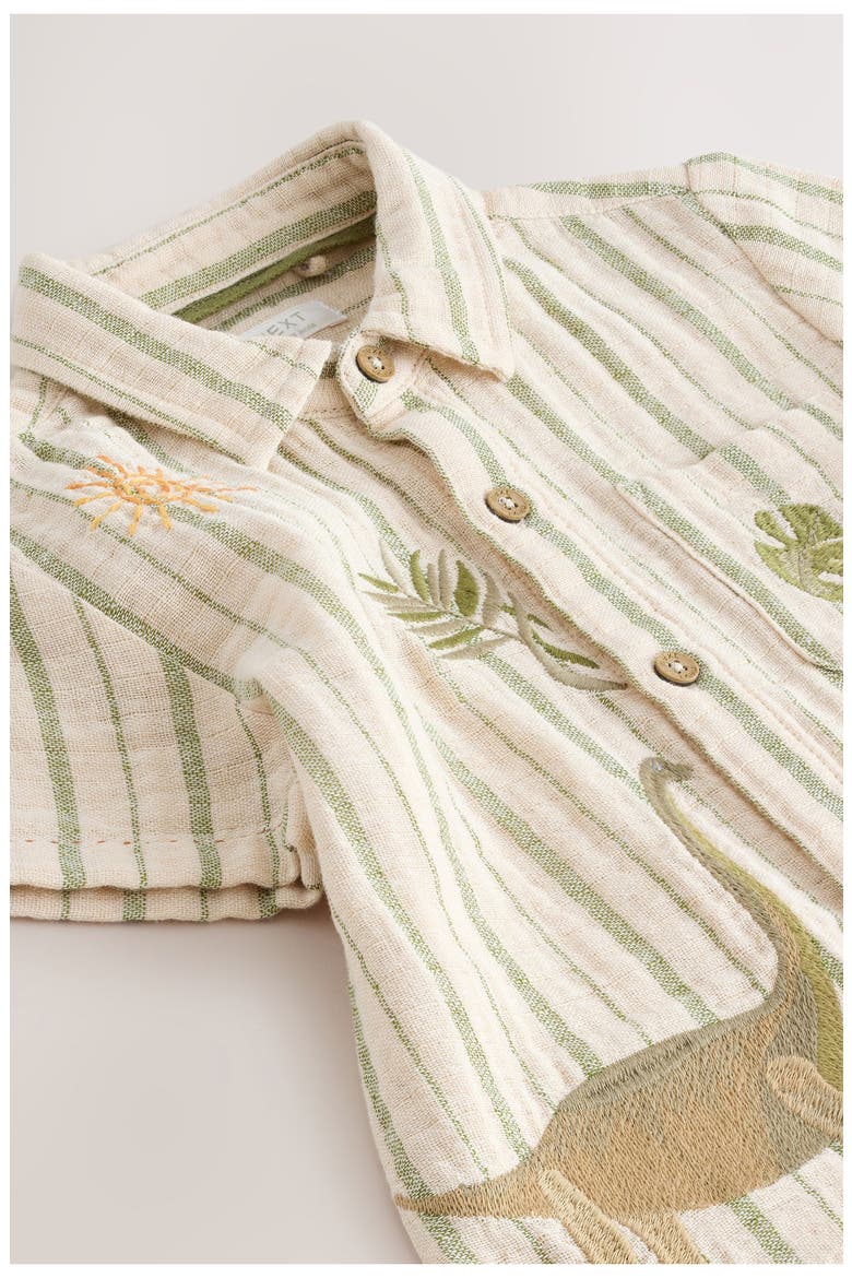 Kids' Dino Embroidered Stripe Short Sleeve Button-Up Shirt, Alternate, color, NEUTRAL