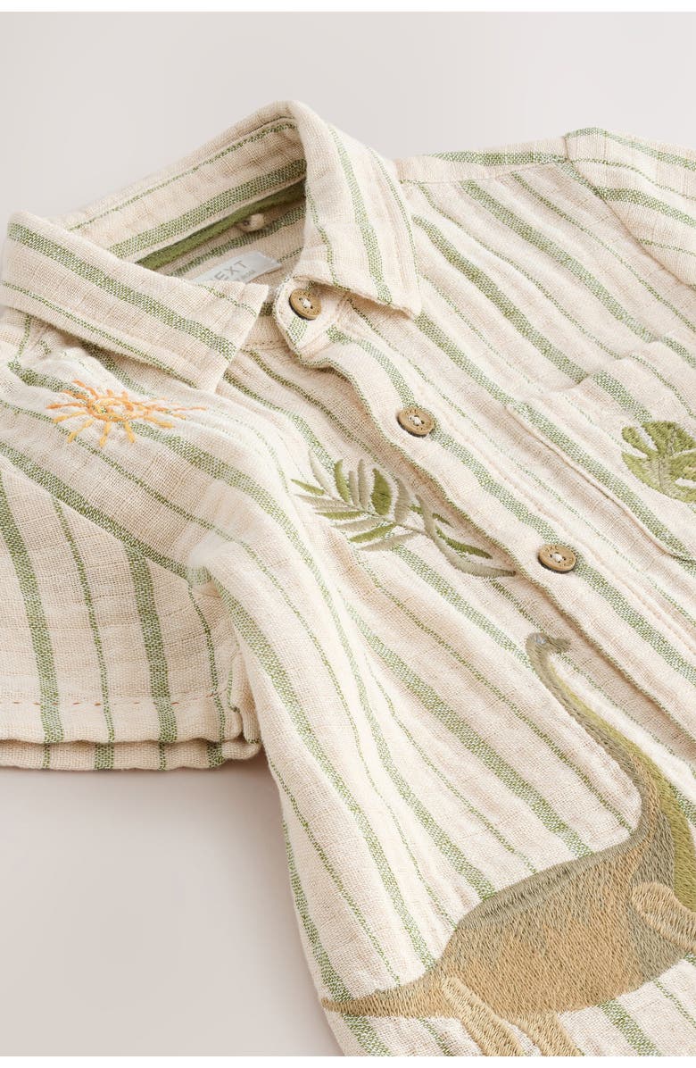 NEXT Kids' Dino Embroidered Stripe Short Sleeve Button-Up Shirt, Alternate, color, Neutral
