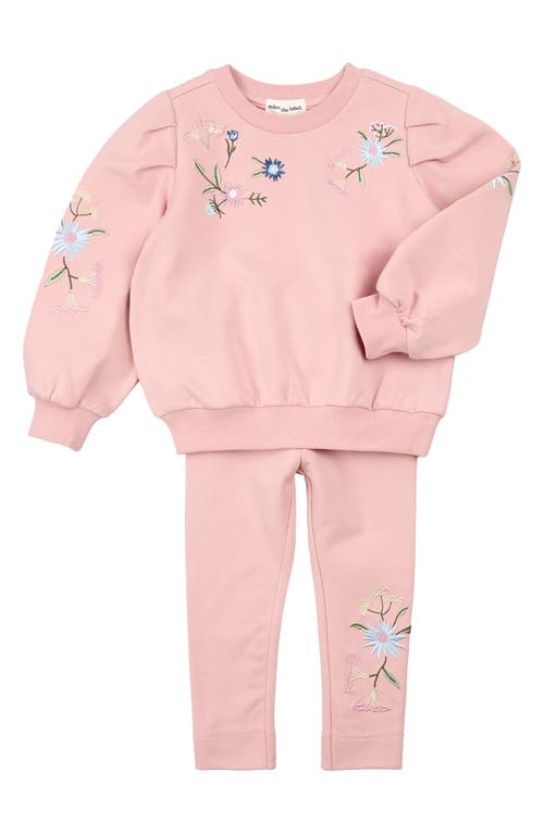 Miles The Label Floral Embroidered Cotton Sweatshirt & Leggings Set In Pink