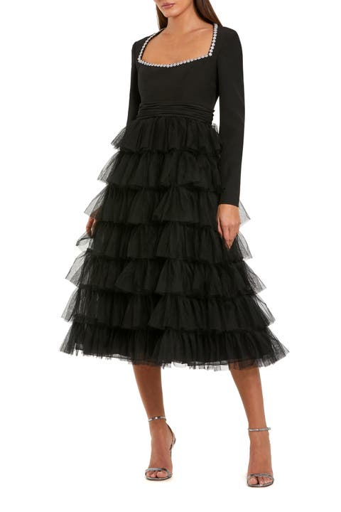 Crepe And Tulle Crystal Tiered Long Sleeve Ruffle Midi Dress