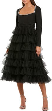 Mac Duggal Crepe And Tulle Crystal Tiered Long Sleeve Ruffle Midi Dress