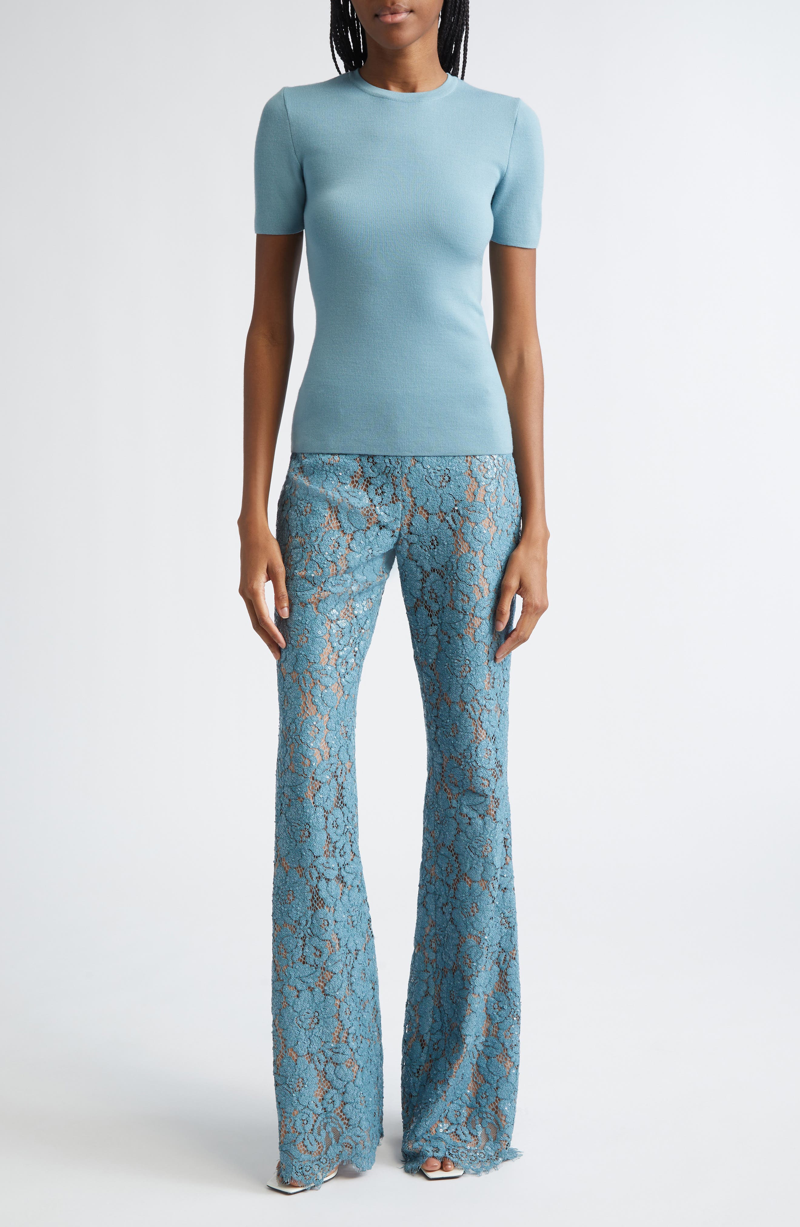 Sequin Embroidered Lace Bootleg Pants - image 2
