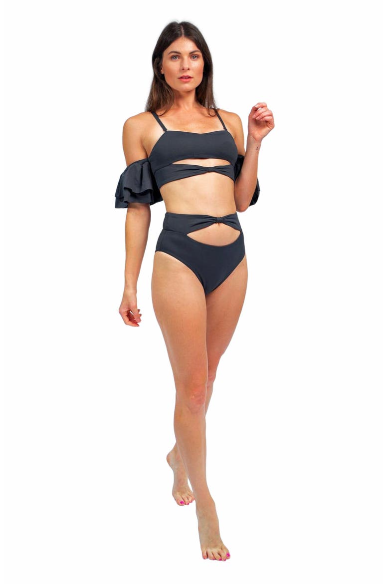Ty Cutout Bikini Top With Ruffle Sleeves, Main, color, Charcoal Grey