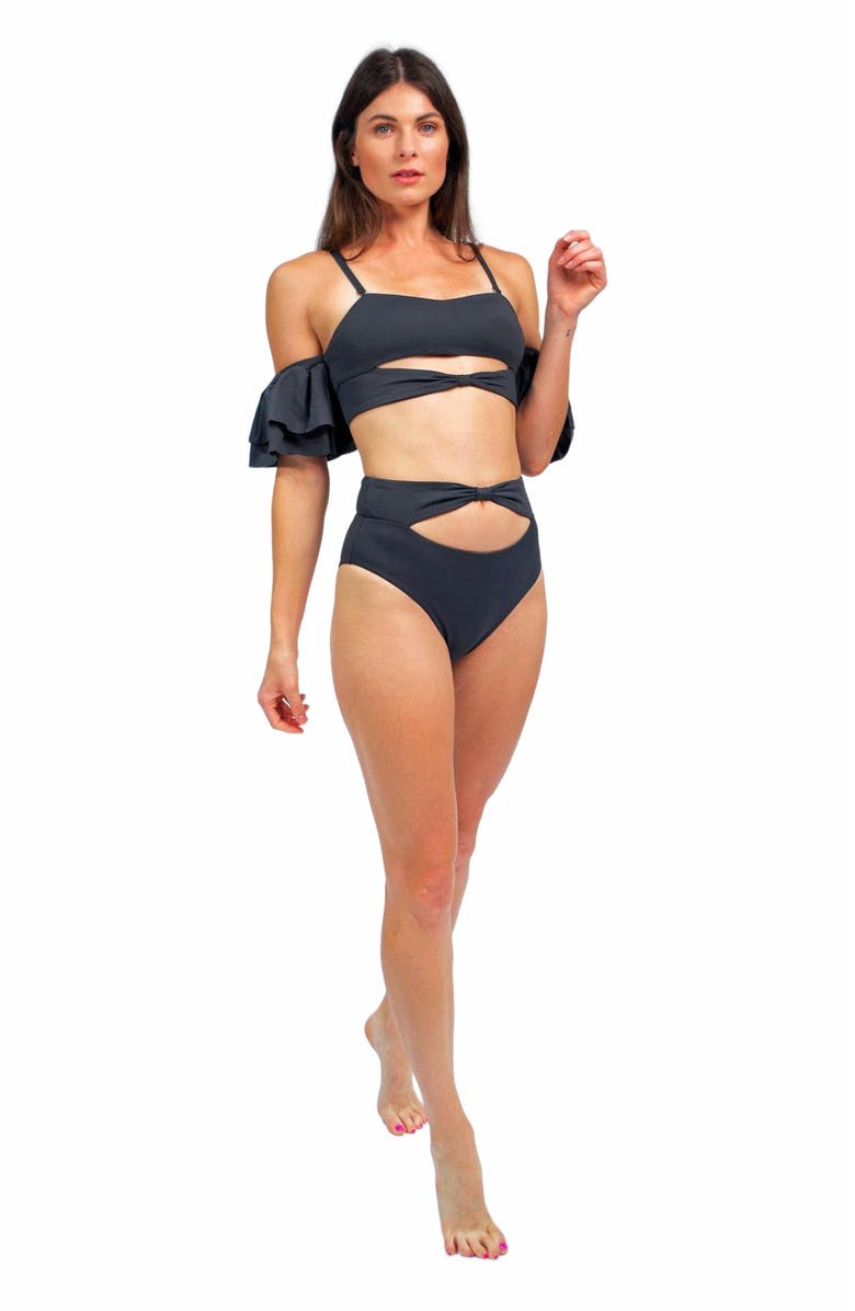 Mary Mercedes Ty Cutout Bikini Top With Ruffle Sleeves, Main, color, Charcoal Grey