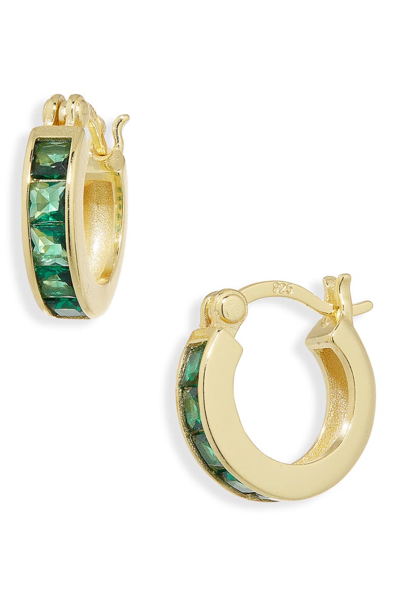 Princess Cut Green Cubic Zirconia Huggie Hoop Earrings, Main, color, GOLD