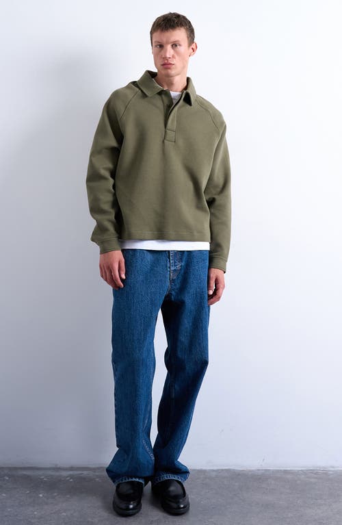 Topman Raglan Sleeve Boxy Cotton Blend Polo Sweatshirt In Green