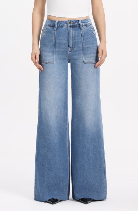 Raw Hem High Waist Super Wide Leg Utility Jeans (Lumina)