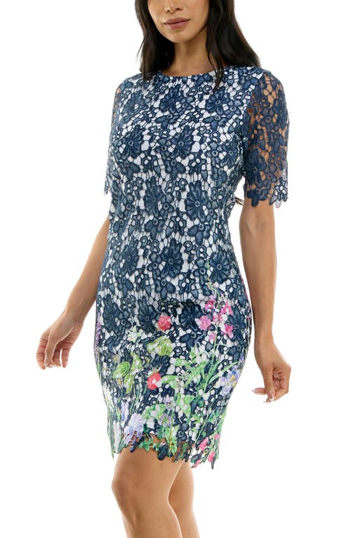 Nina Leonard Floral Border Elbow Sleeve Lace Sheath Dress In Navy Multi