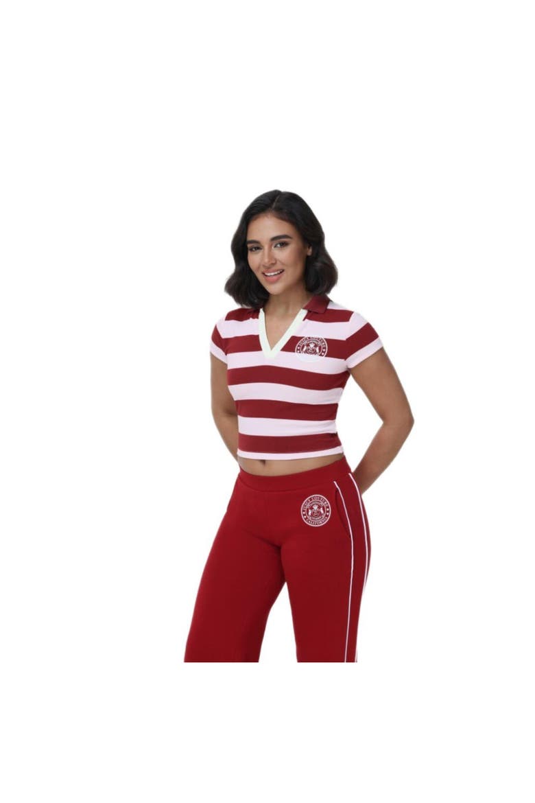 Cropped Striped Polo Knit Top, Alternate, color, RED DAHLIA/SOFT GLOW COMBO