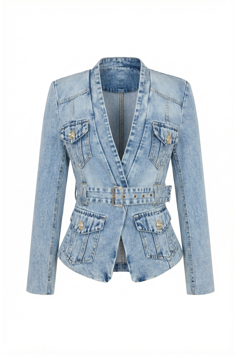 Denim Blazer with Belted Waist and Utility Pocket Detail, Alternate, color, Light Wash Blue