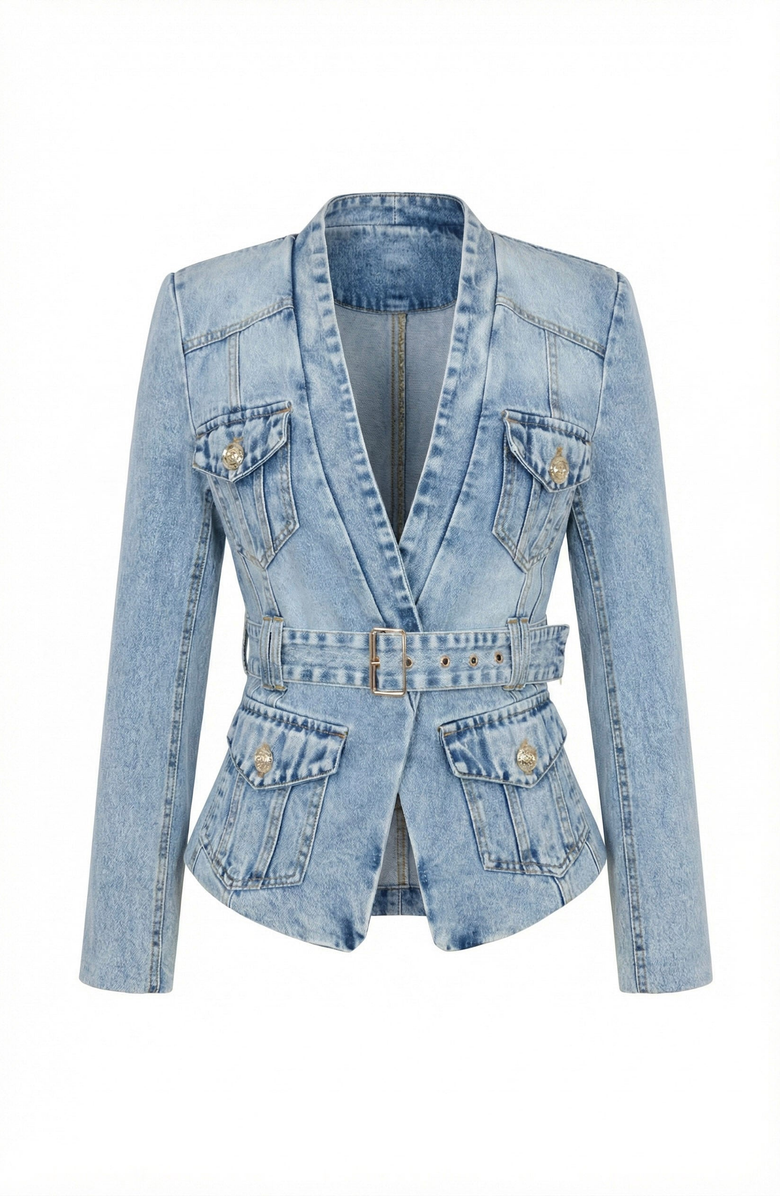Modenaire Denim Blazer with Belted Waist and Utility Pocket Detail, Alternate, color, Light Wash Blue