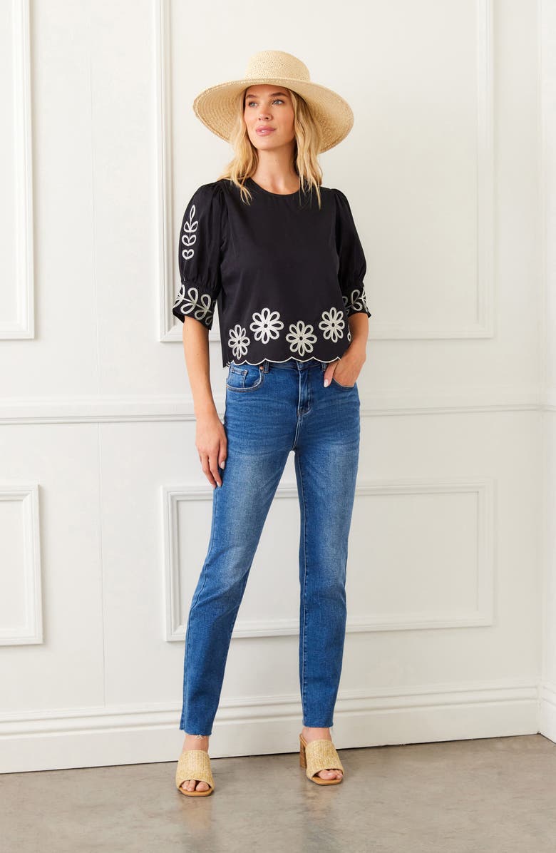 Karen Kane Embroidered Scallop Puff Sleeve Cotton Top, Alternate, color, Black/ Cream