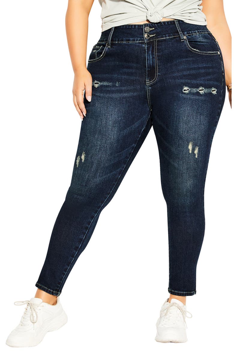Baby High Waist Ripped Skinny Jeans, Main, color, DARK DENIM