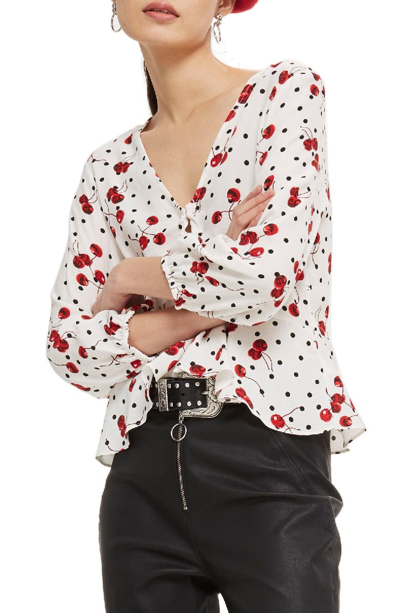 Topshop Cherry Spot Print Blouse, Alternate, color,