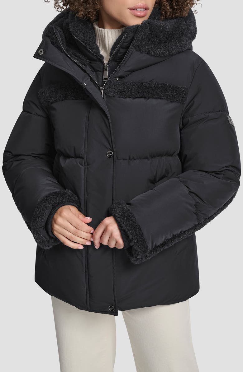 DKNY Faux Fur Spill Hooded Puffer Jacket, Main, color, 