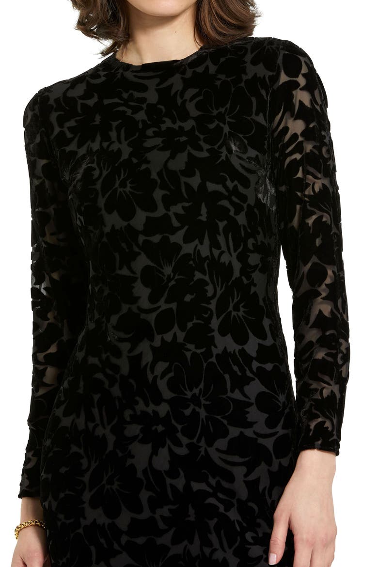 Burnout Velvet Long Sleeve Ruffle Hem Midi Dress, Alternate, color, Black