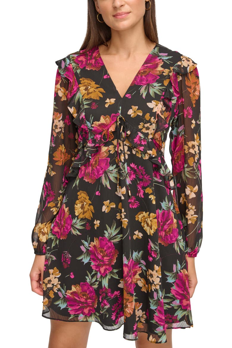 V-Neck Long Sleeve Floral Chiffon Shift Dress, Alternate, color, PINK/BLACK MULTI