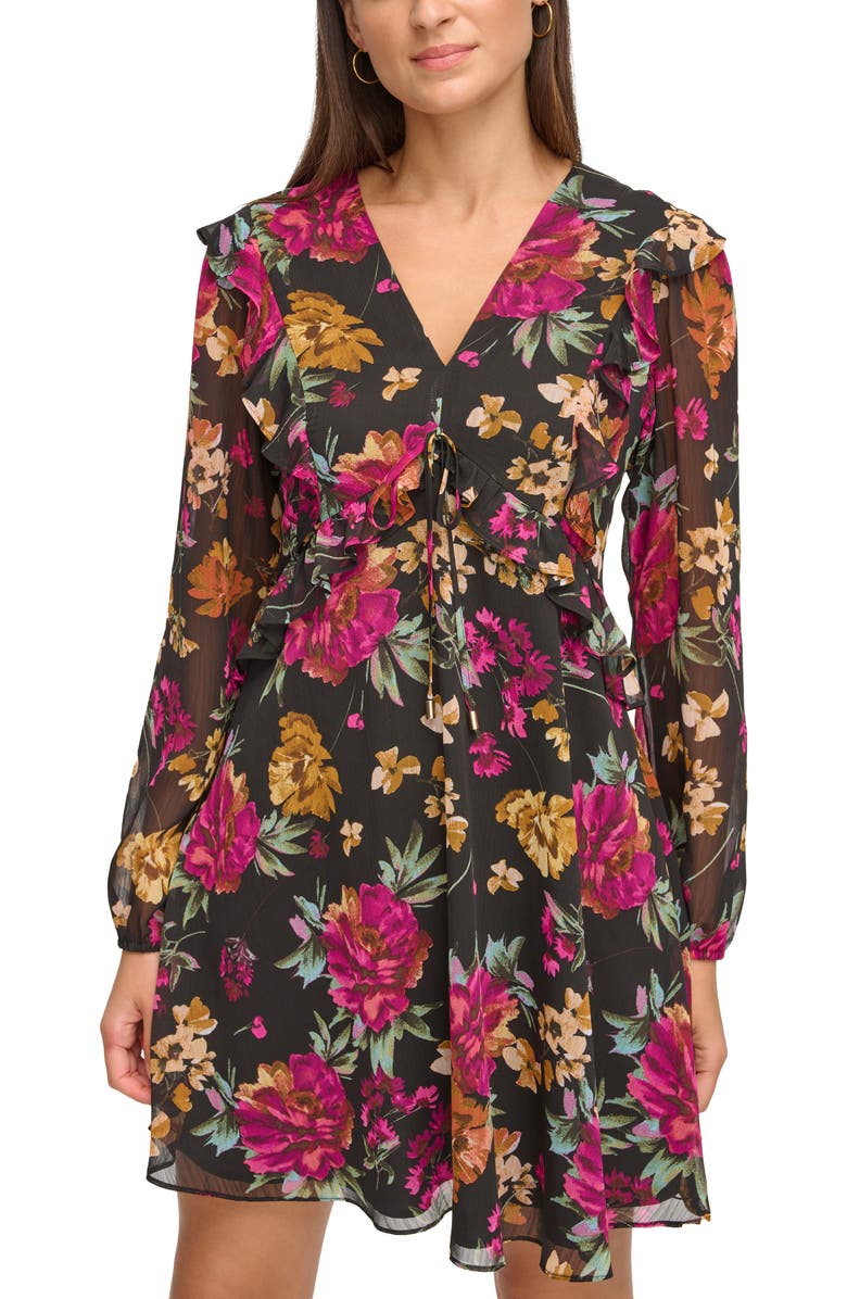 Kensie V-Neck Long Sleeve Floral Chiffon Shift Dress, Alternate, color,