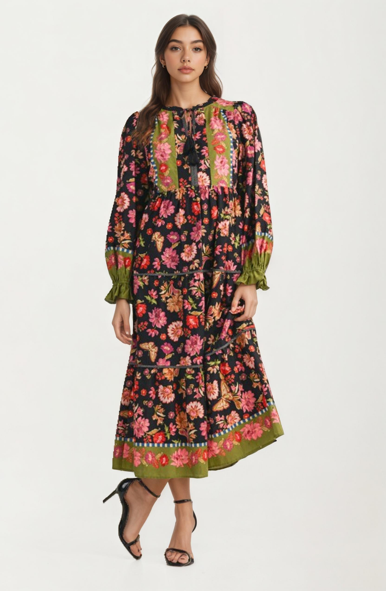 Knit and Lounge Smocked Long Sleeve Floral Midi Dress With Tiered Skirt, Alternate, color,