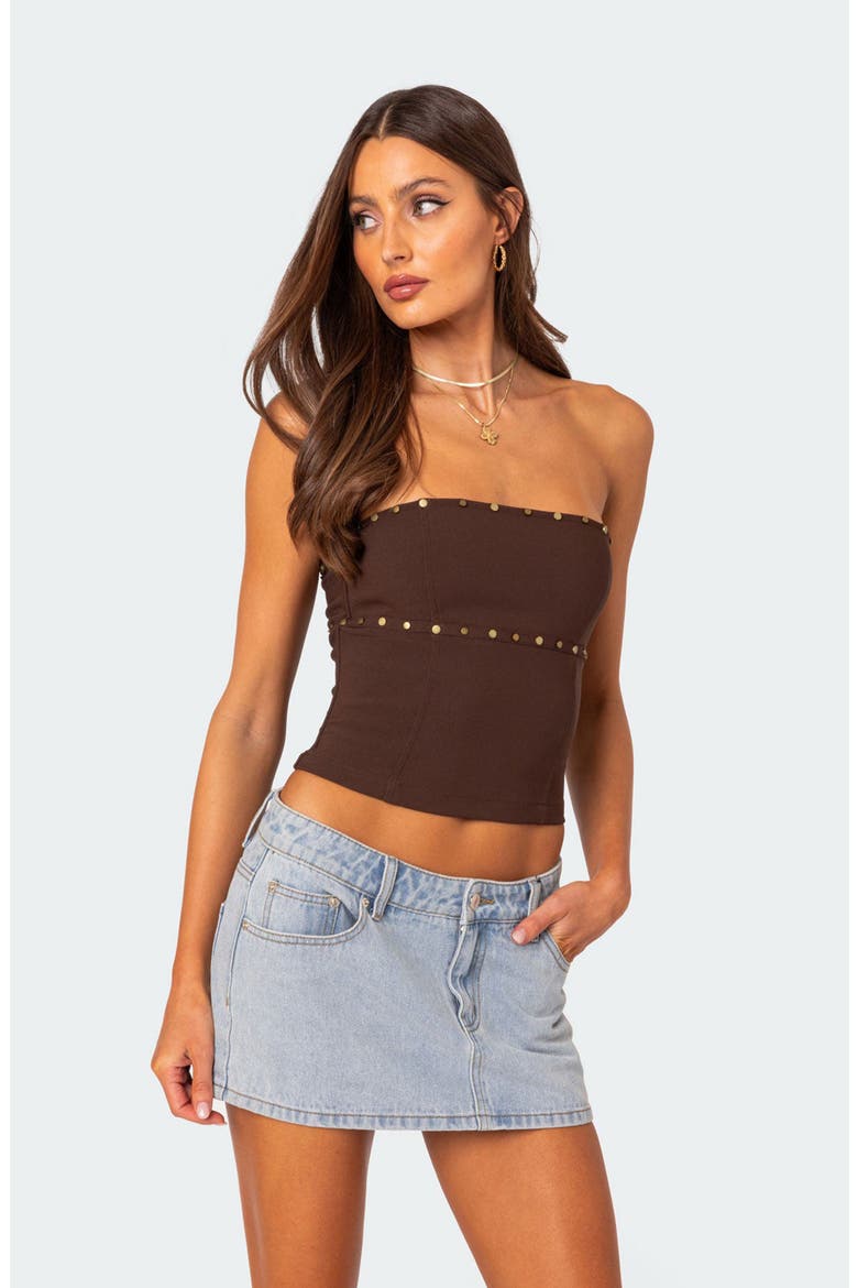 Darcy Stud Lace Up Crop Corset Top, Alternate, color, BROWN