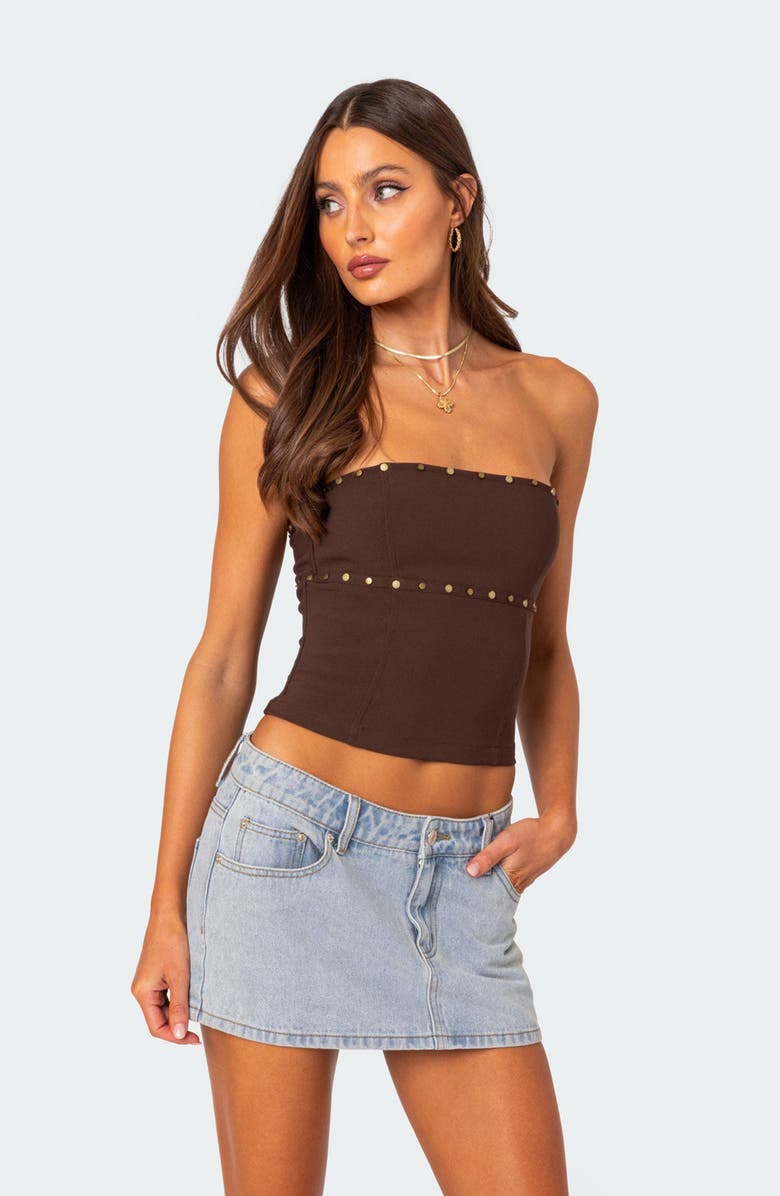 EDIKTED Darcy Stud Lace Up Crop Corset Top, Alternate, color, Brown