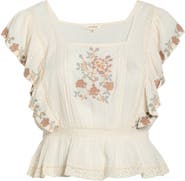 Lucky Brand Floral Embroidered Gauze Top