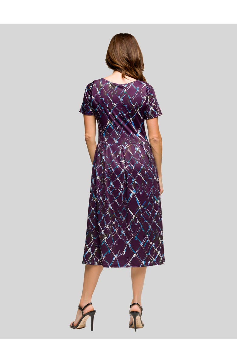 24seven Comfort Apparel Purple Print Short Sleeve Pleated Flare Midi Pocket Dress, Alternate, color, Purple Multi