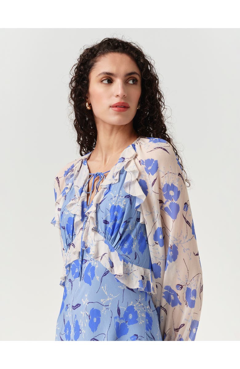 Ghost London Naomi Floral Longsleeve Frill Midi Dress, Alternate, color, Blue Poppies