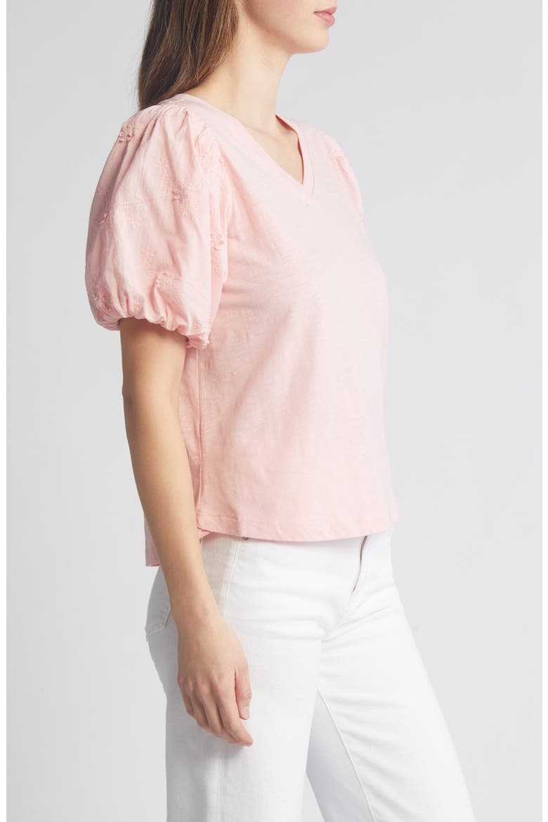 Embroidered Puff Sleeve V-Neck Top, Alternate, color, STRAWBERRY CREAM