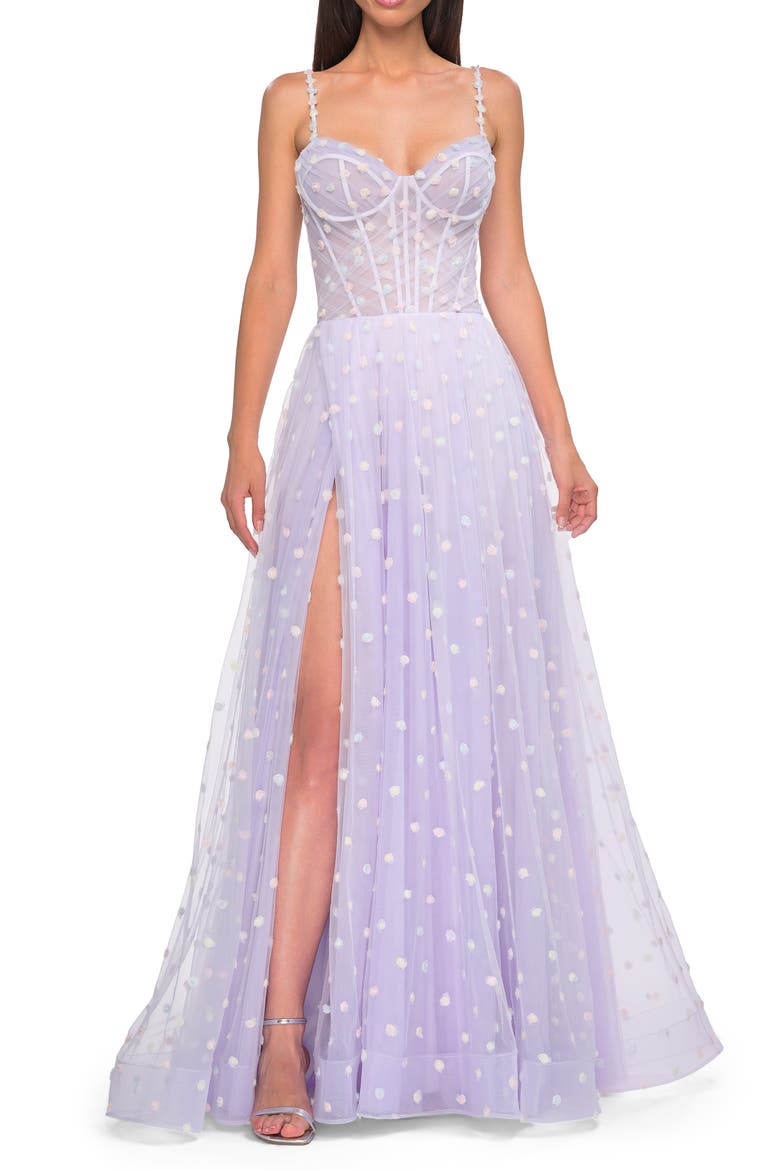 Polka Dot Tulle Prom Dress with Sheer Corset Top, Alternate, color, Light Periwinkle