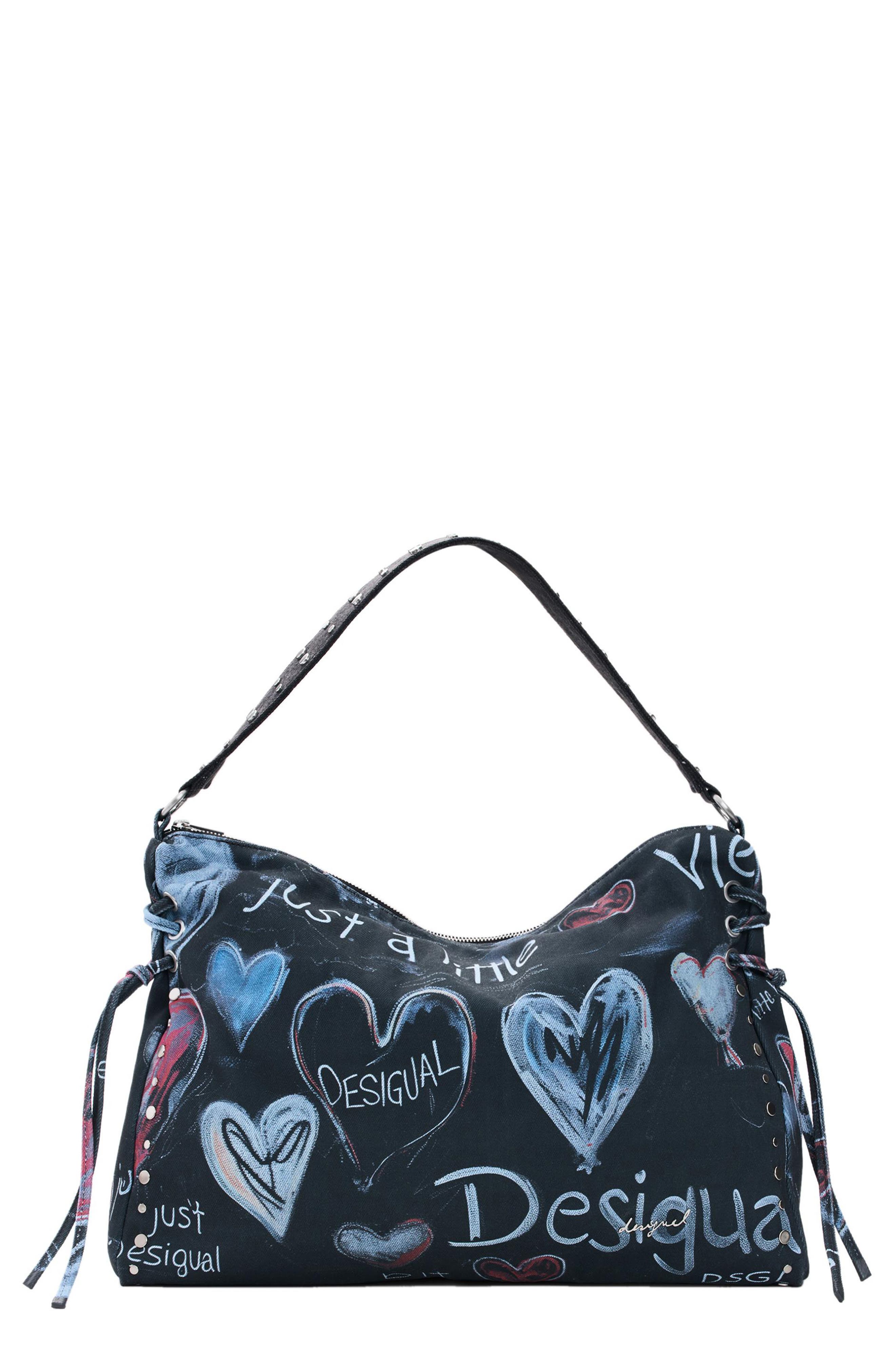 Desigual Logo Print Canvas Shoulder Bag, Main, color, Black Multi