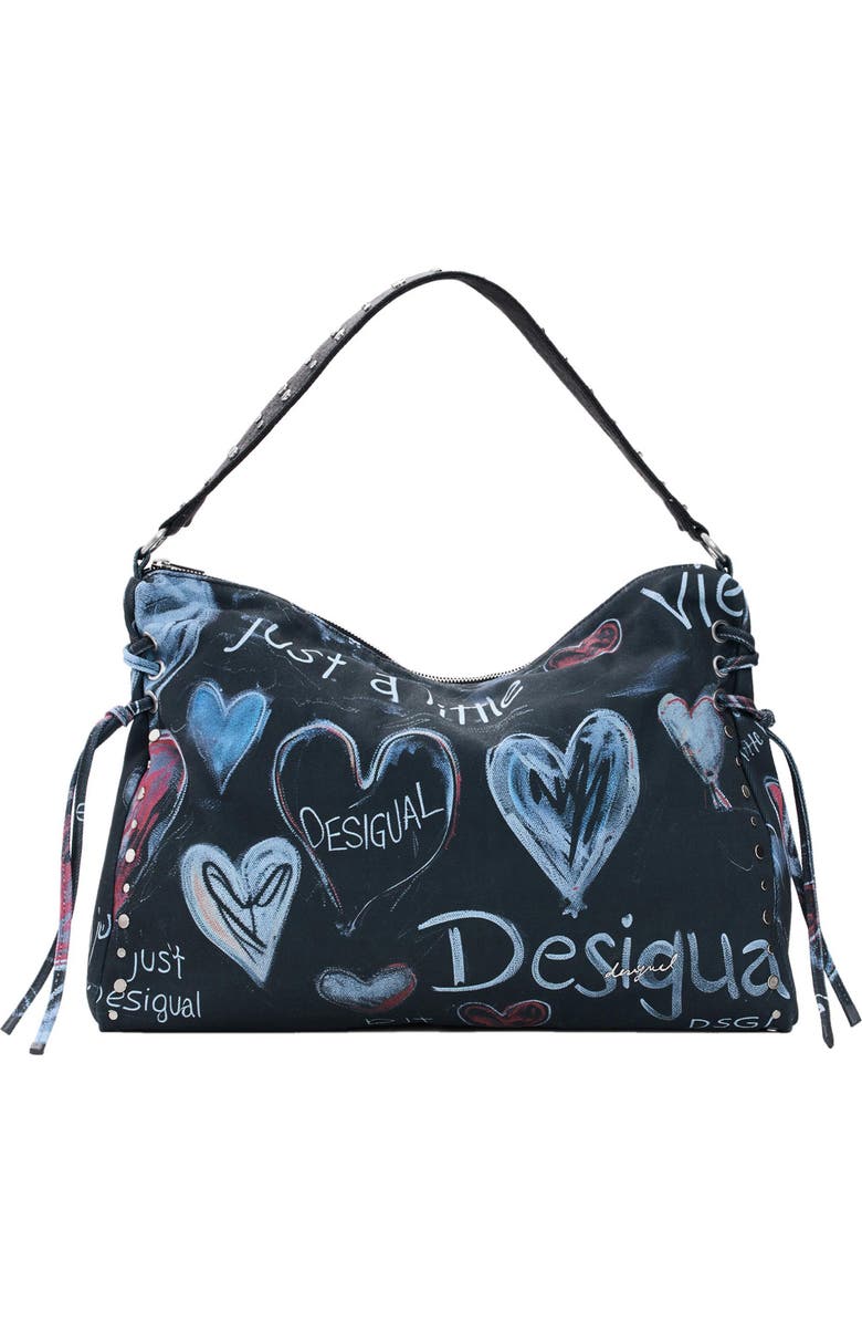 Desigual Logo Print Canvas Shoulder Bag, Main, color, Black Multi