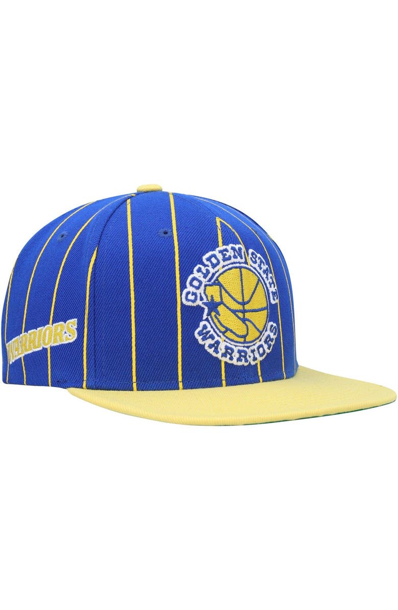 Mitchell & Ness Men's Mitchell & Ness Royal/Gold Golden State Warriors Hardwood Classics Pinstripe Snapback Hat, Main, color, 